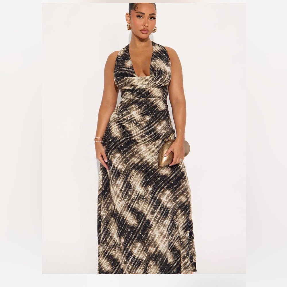 Fashion Nova Black & Gold Cowl Neck Maxi Dress
